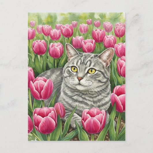 Schattigee Grijze Kat in Tulpen Briefkaart (Voorkant)