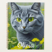 Schattigee Grijze Kat met Gele Gepersonaliseerde O Planner (Voorkant)
