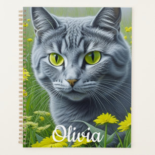 Schattigee Grijze Kat met Gele Gepersonaliseerde O Planner