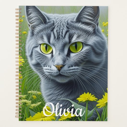 Schattigee Grijze Kat met Gele Gepersonaliseerde O Planner (Voorkant)