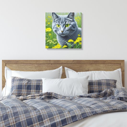 Schattigee Grijze Kat met Gele Ogen Ai Art Canvas Afdruk (Insitu (Slaapkamer))