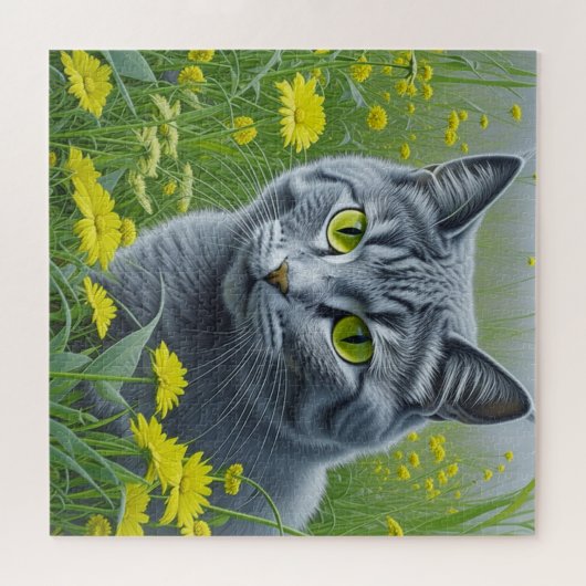 Schattigee Grijze Kat met Gele Ogen Ai Art Legpuzzel (Horizontaal)