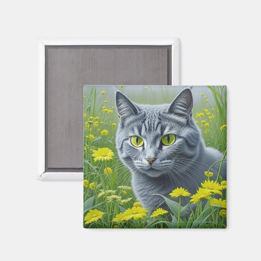 Schattigee Grijze Kat met Gele Ogen Ai Art Magneet (Voorkant / Achterkant)