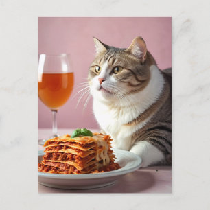 Schattigee Grijze Kat met Lasagne en Wijnglas Briefkaart