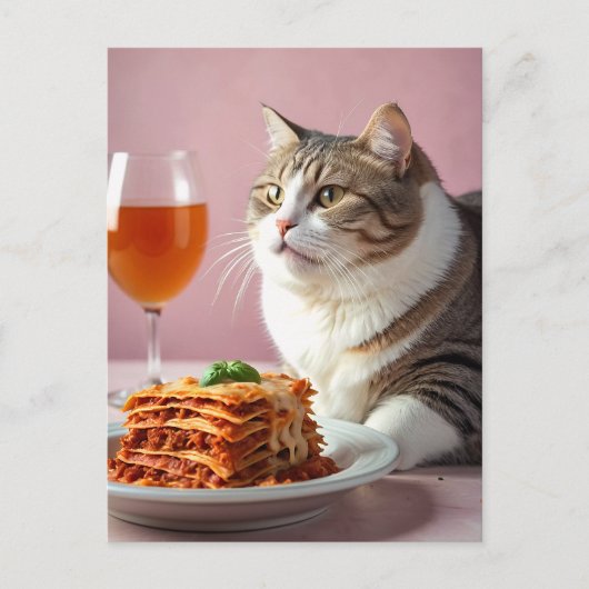 Schattigee Grijze Kat met Lasagne en Wijnglas Briefkaart (Voorkant)