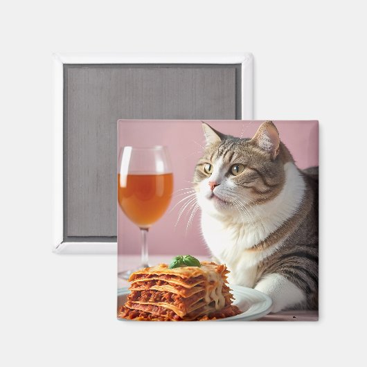Schattigee Grijze Kat met Lasagne en Wijnglas Magneet (Voorkant / Achterkant)