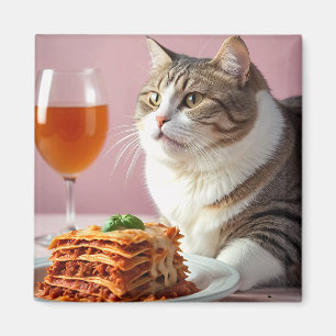 Schattigee Grijze Kat met Lasagne en Wijnglas Magneet