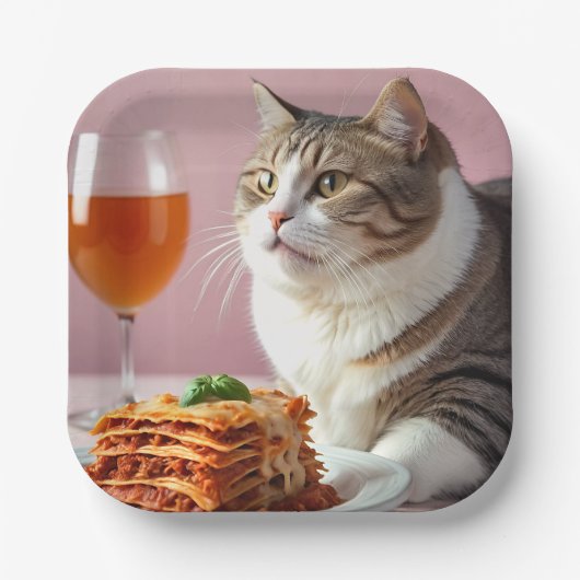 Schattigee Grijze Kat met Lasagne en Wijnglas Papieren Bordje (Voorkant)