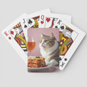 Schattigee Grijze Kat met Lasagne en Wijnglas Pokerkaarten
