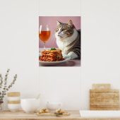 Schattigee Grijze Kat met Lasagne en Wijnglas Poster (Keuken)