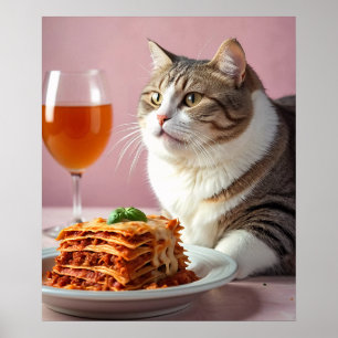 Schattigee Grijze Kat met Lasagne en Wijnglas Poster