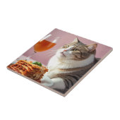 Schattigee Grijze Kat met Lasagne en Wijnglas Tegeltje (Zijkant)