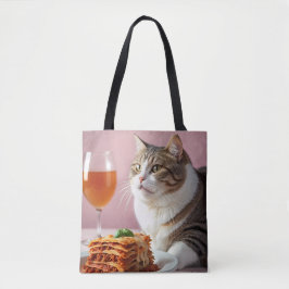 Schattigee Grijze Kat met Lasagne en Wijnglas Tote Bag