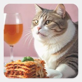 Schattigee Grijze Kat met Lasagne en Wijnglas Vierkante Sticker