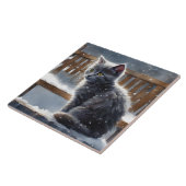 Schattigee Grijze Kat op een Bench in de Sneeuwpor Tegeltje (Zijkant)