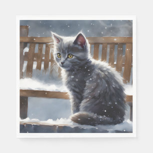 Schattigee Grijze Kat op een Bench in the Snow Servet