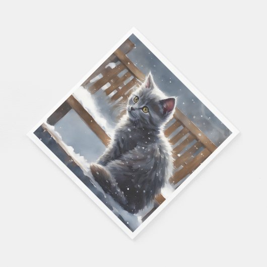 Schattigee Grijze Kat op een Bench in the Snow Servet (Hoek)