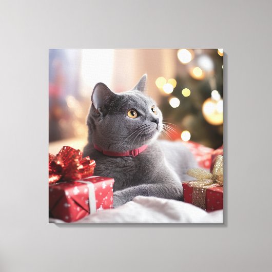 Schattigee grijze kat viert kerst canvas afdruk (Voorkant)