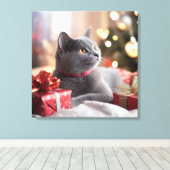 Schattigee grijze kat viert kerst canvas afdruk (Insitu (Houten vloer))