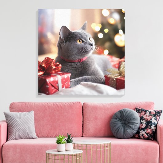 Schattigee grijze kat viert kerst canvas afdruk (Insitu (Woonkamer))