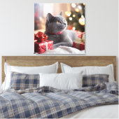 Schattigee grijze kat viert kerst canvas afdruk (Insitu (Slaapkamer))