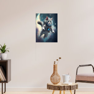 Schattigee grijze kat vliegen in de ruimte poster