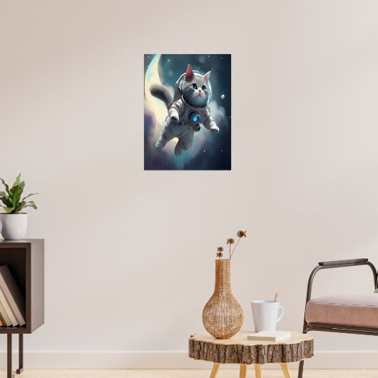 Schattigee grijze kat vliegen in de ruimte poster (Woonkamer 3)