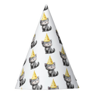 Schattigee Grijze Kattenverjaardag Kitten Pawty Feesthoedjes