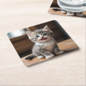 Schattigee Grijze Kitten Glimlachende Onderzetter  (Schuin)