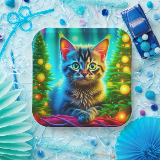 Schattigee Grijze Kittens met Kerstbomen Papieren Bordje (Feest)