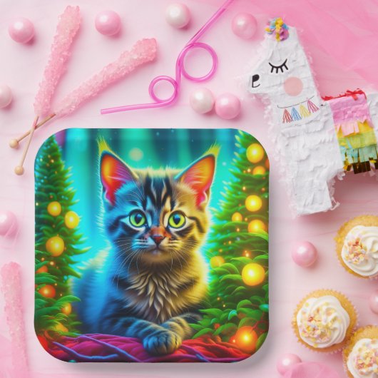 Schattigee Grijze Kittens met Kerstbomen Papieren Bordje (Feest)