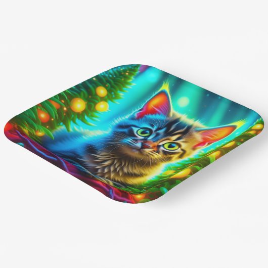 Schattigee Grijze Kittens met Kerstbomen Papieren Bordje (Gebogen)