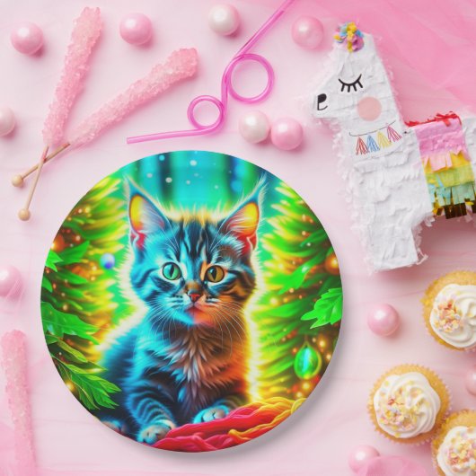 Schattigee Grijze Kittens met Kerstbomen Papieren Bordje (Feest)