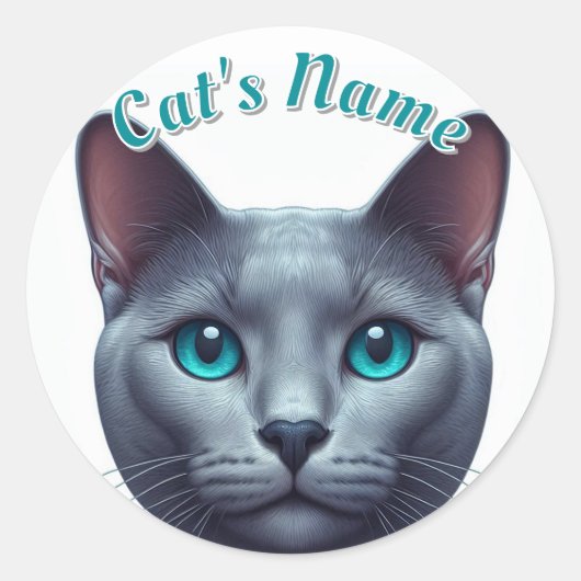 Schattigee grijze kortharige kat · gepersonaliseer ronde sticker (Voorkant)