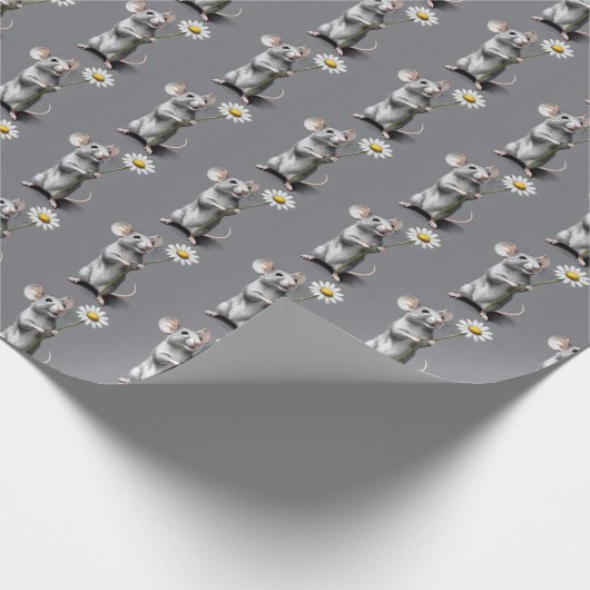 Schattigee grijze muis met witte madeliefje cadeaupapier (Hoek)