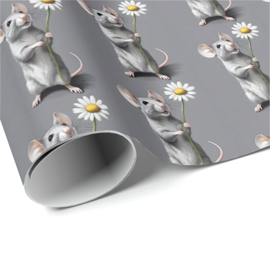 Schattigee grijze muis met witte madeliefje cadeaupapier (Rol Hoek)