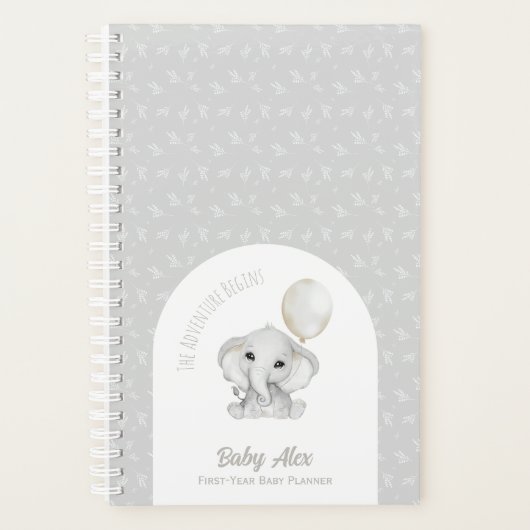 Schattigee Grijze Waterverf Olifant met Ballon Bab Planner (Voorkant)