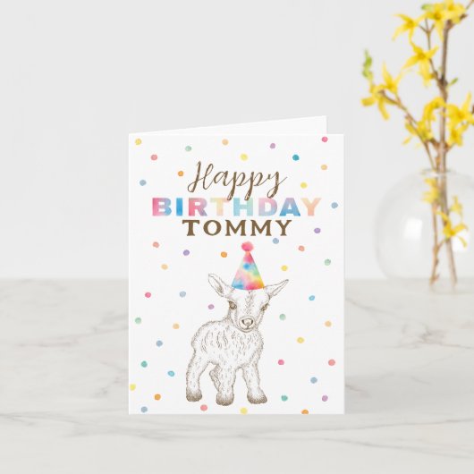 Schattigee grillige Baby Geit Happy Birthday Kaart (Gele Bloem)