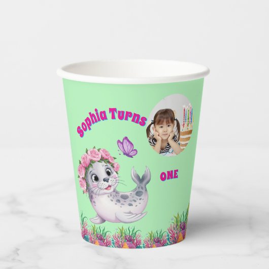 Schattigee grillige bloemen Zee Lion foto verjaard Papieren Bekers (Voorkant)