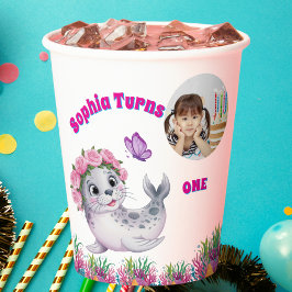 Schattigee grillige bloemen Zee Lion foto verjaard Papieren Bekers