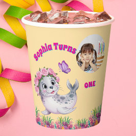 Schattigee grillige bloemen Zee Lion foto verjaard Papieren Bekers