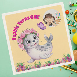 Schattigee grillige bloemen Zee Lion foto verjaard Servet