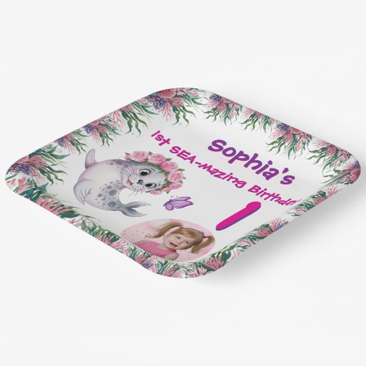 Schattigee grillige Bloemen Zee Lion Girly Kids Ve Papieren Bordje (Gebogen)