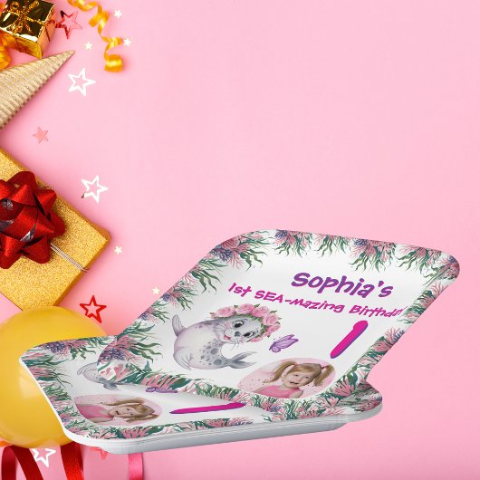 Schattigee grillige Bloemen Zee Lion Girly Kids Ve Papieren Bordje