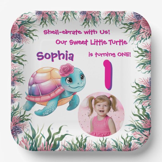 Schattigee grillige bloemen Zee Schildpad Girly Ve Papieren Bordje (Voorkant)