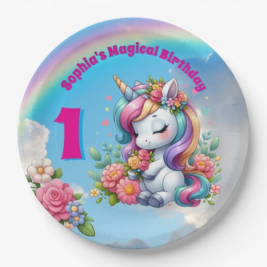 Schattigee grillige bloemeneenhoorn Girly 1e verja Papieren Bordje (Voorkant)