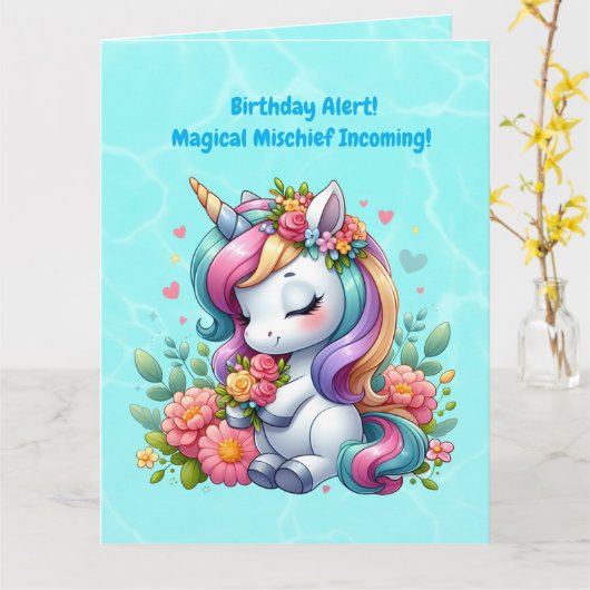 Schattigee grillige bloemeneenhoorn Girly Kids Ver Kaart (Gele Bloem)