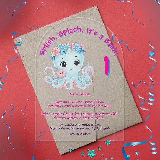 Schattigee grillige bloemenoctopus Girly Kids Verj Acryl Uitnodigingen