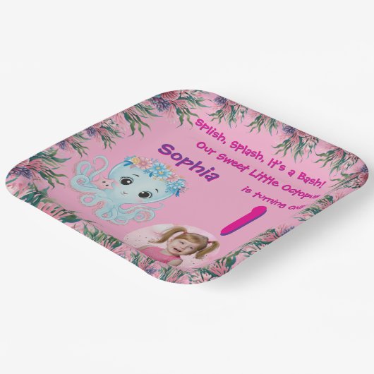 Schattigee grillige bloemenoctopus meisjesverjaard papieren bordje (Gebogen)