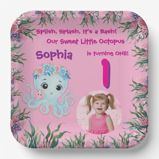 Schattigee grillige bloemenoctopus meisjesverjaard papieren bordje (Voorkant)
